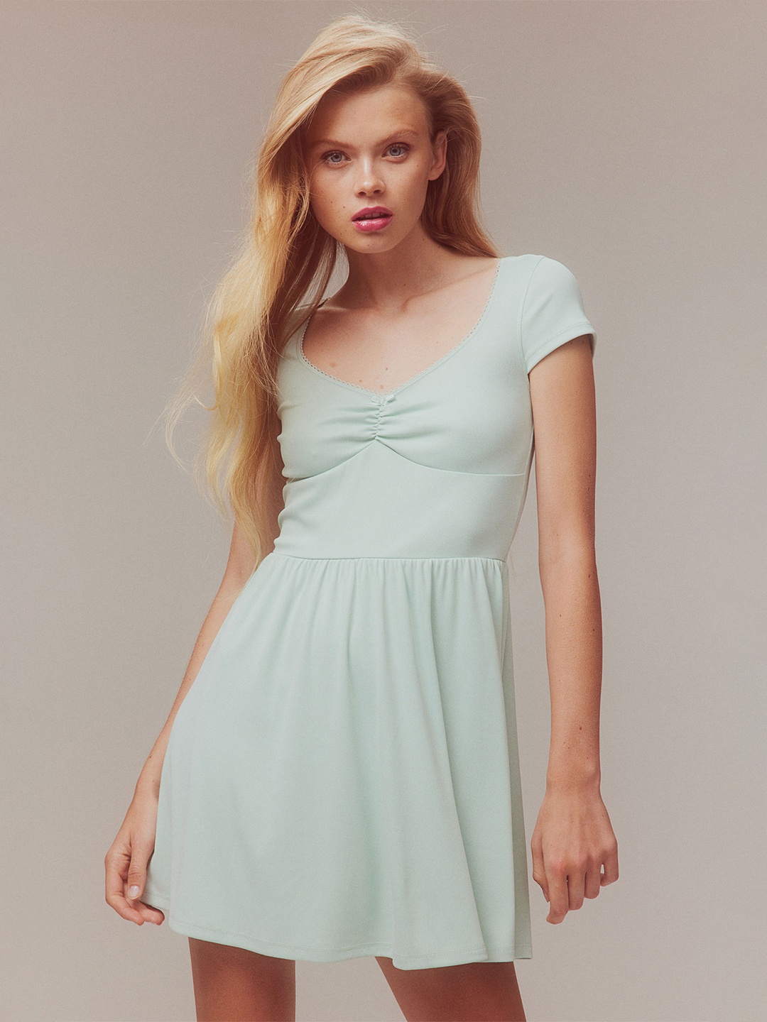 

H&M Flared-Skirt Ribbed Dress, Green