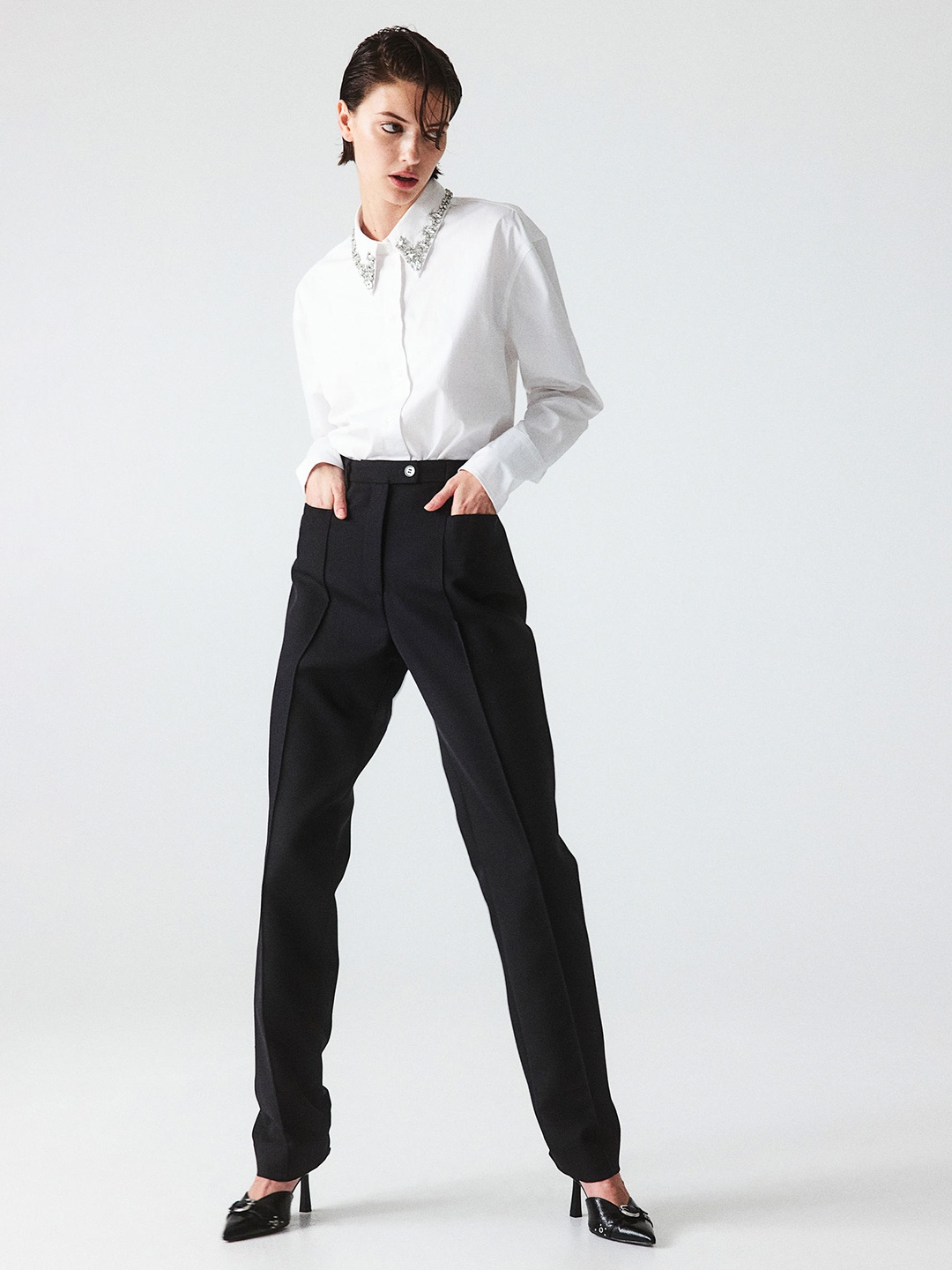 

H&M Rhinestone-Embellished Cotton Shirt, White