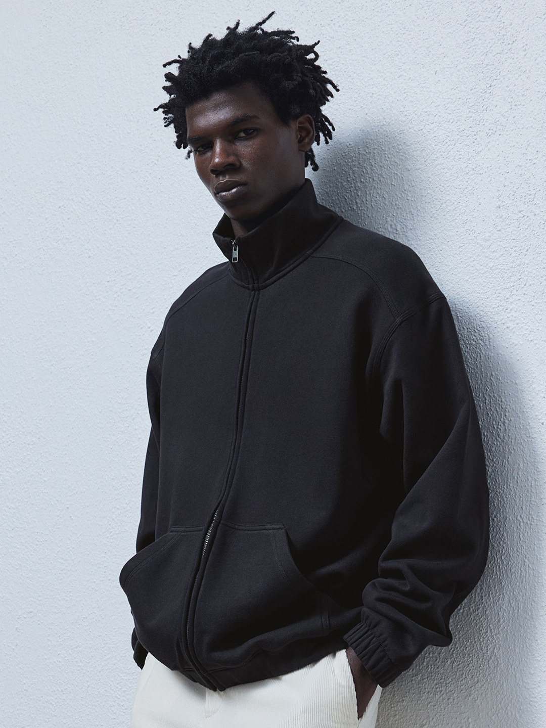 

H&M Pure Cotton Relaxed Fit Zip-Through Jacket, Black