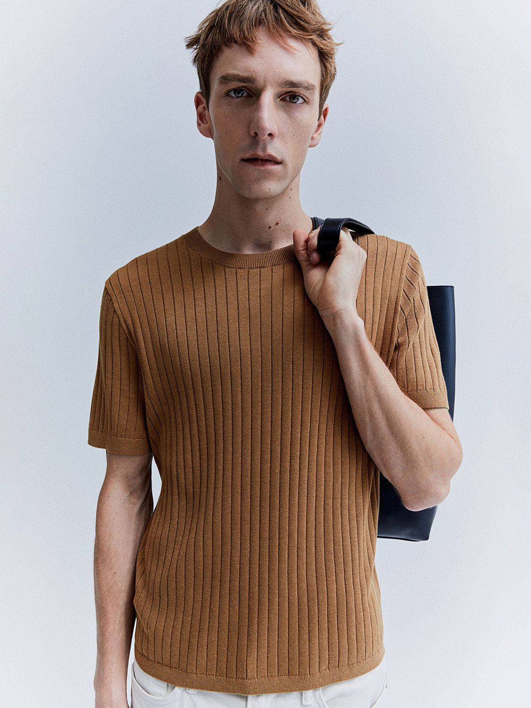 

H&M Regular Fit Rib-Knit T-Shirt, Brown