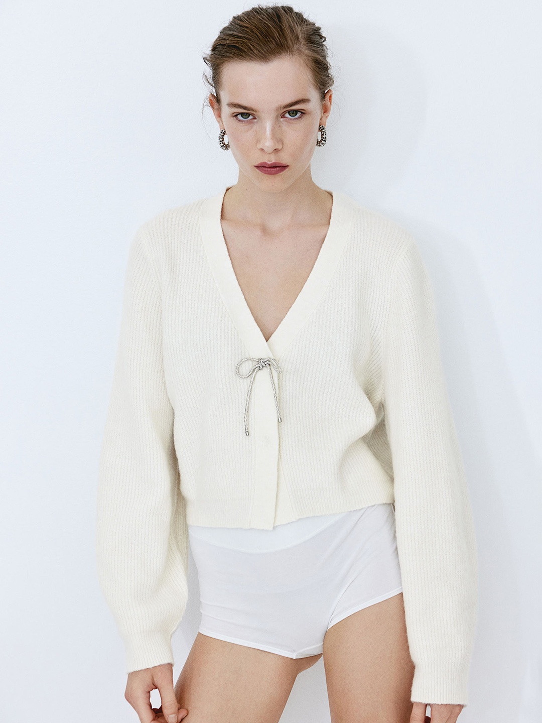 

H&M Rhinestone-Bow Cardigan, White