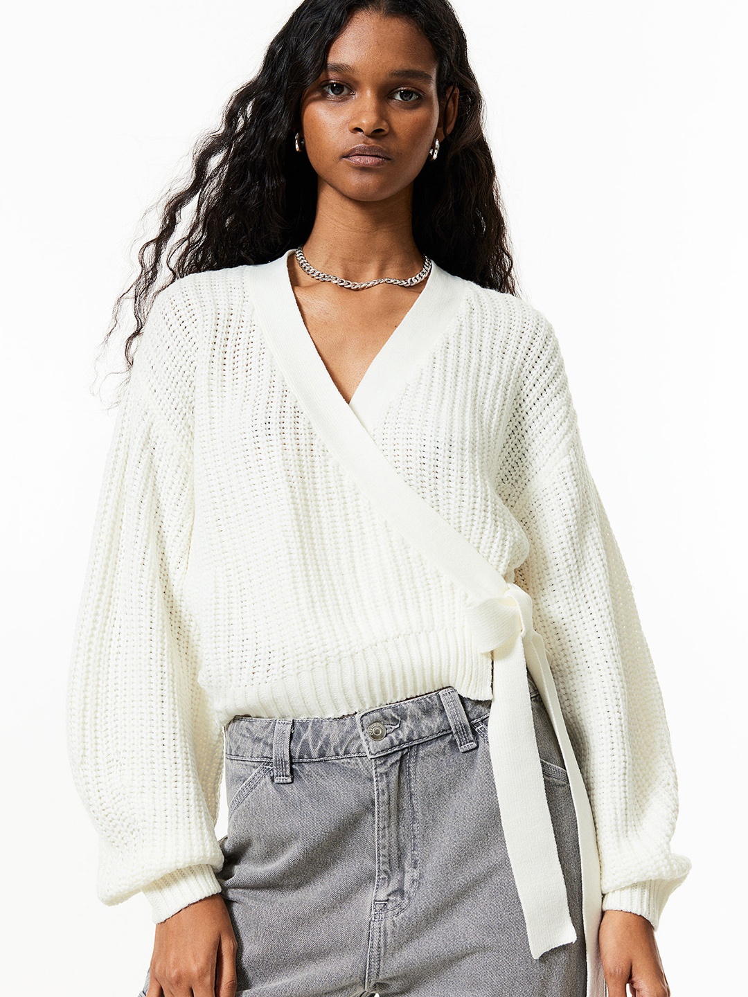 

H&M Rib-Knit Wrap Acrylic Cardigan, White