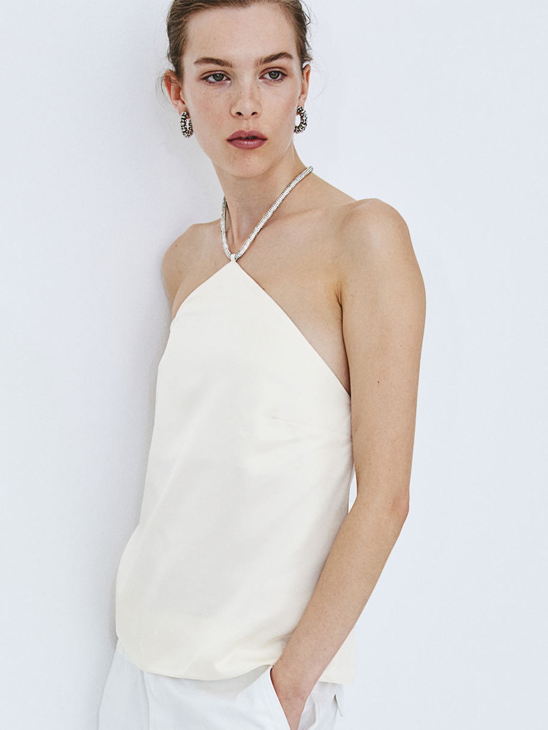 

H&M Rhinestone-Strap Halterneck Tops, White