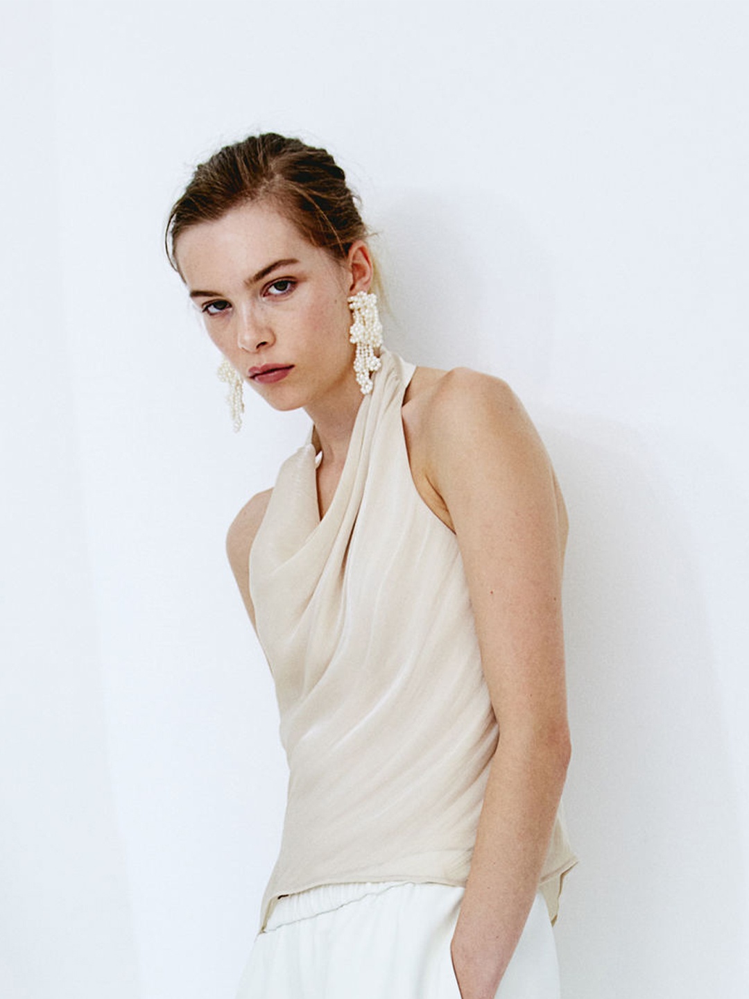 

H&M Satin Halterneck Top, Beige