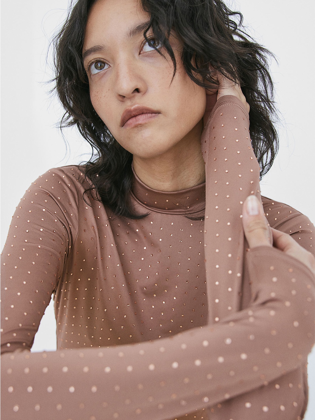 

H&M Rhinestone-Embellished Top, Beige