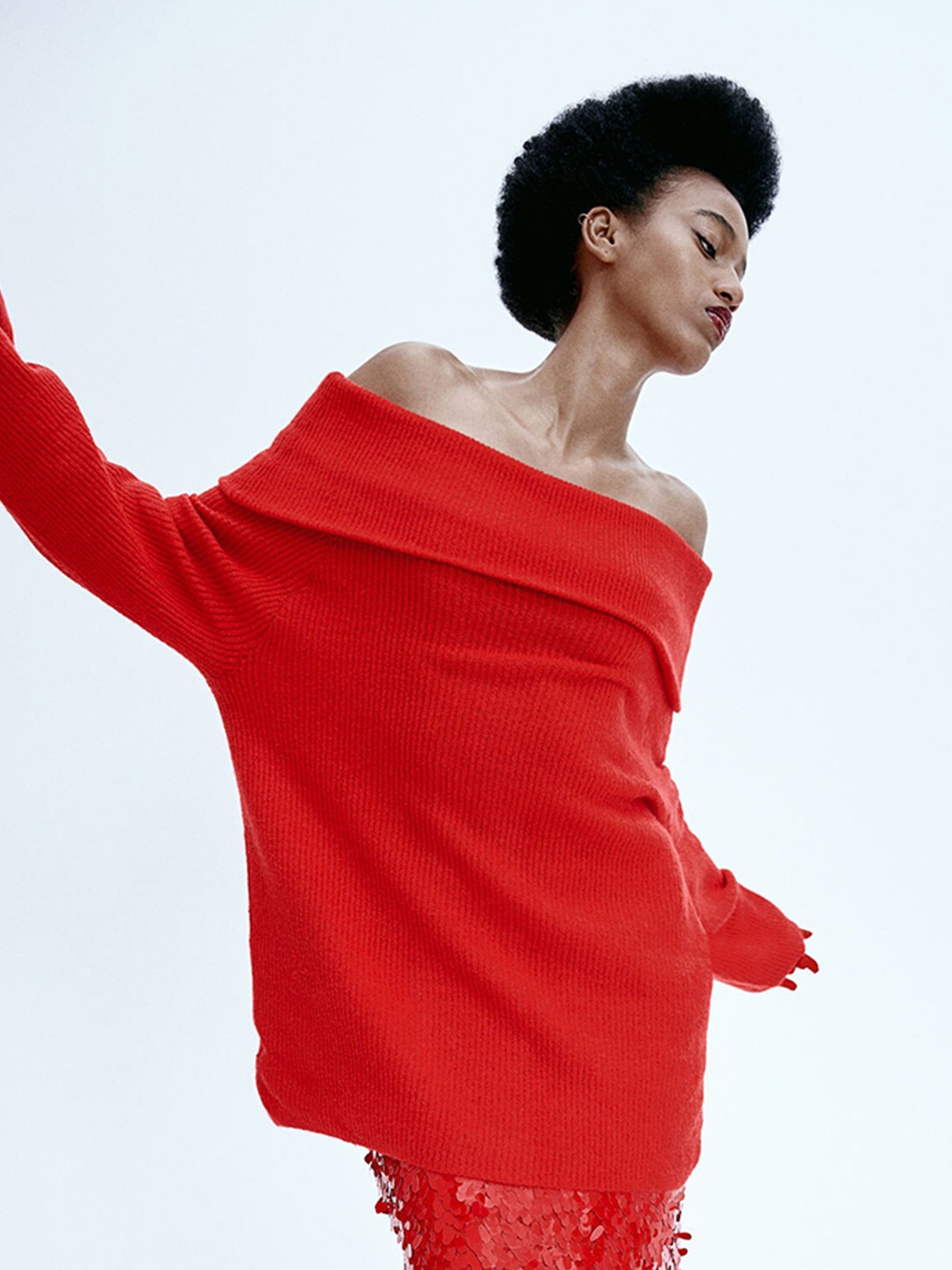 

H&M Rib-Knit Off-The-Shoulder Jumper, Red