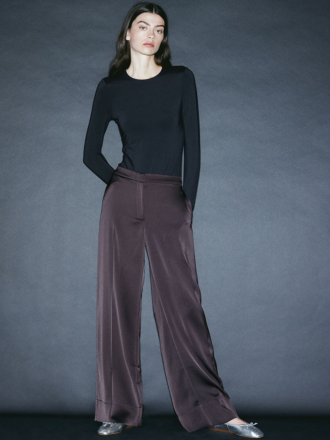

H&M Wide Satin Trousers, Grey