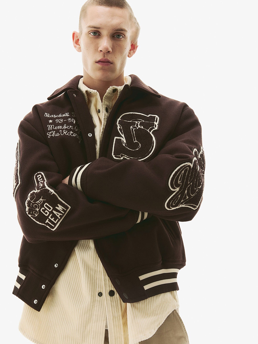 

H&M Loose Fit Applique Varsity Jacket, Brown