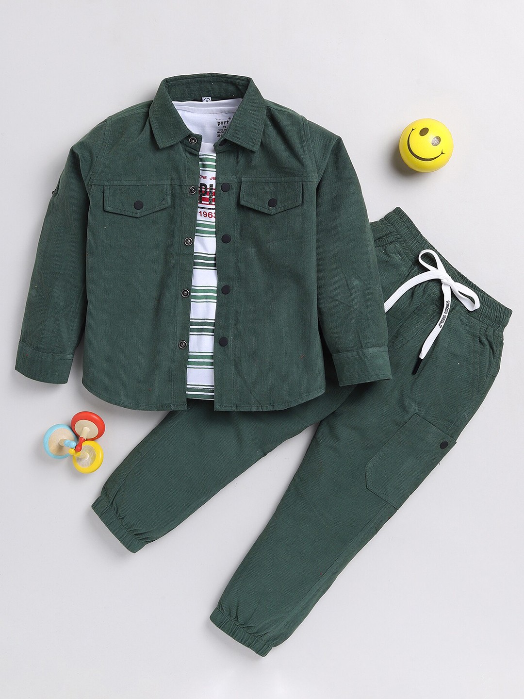 

Toonyport Infant Boys Striped T-shirt and Shirt with Trousers, Green