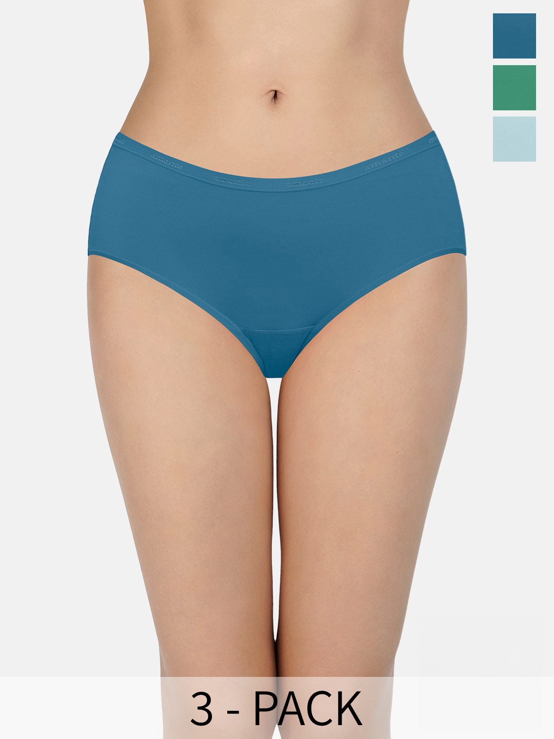 

Amante Assorted Pack of 3 Low Rise Outer Elastic Hipster Briefs, Teal