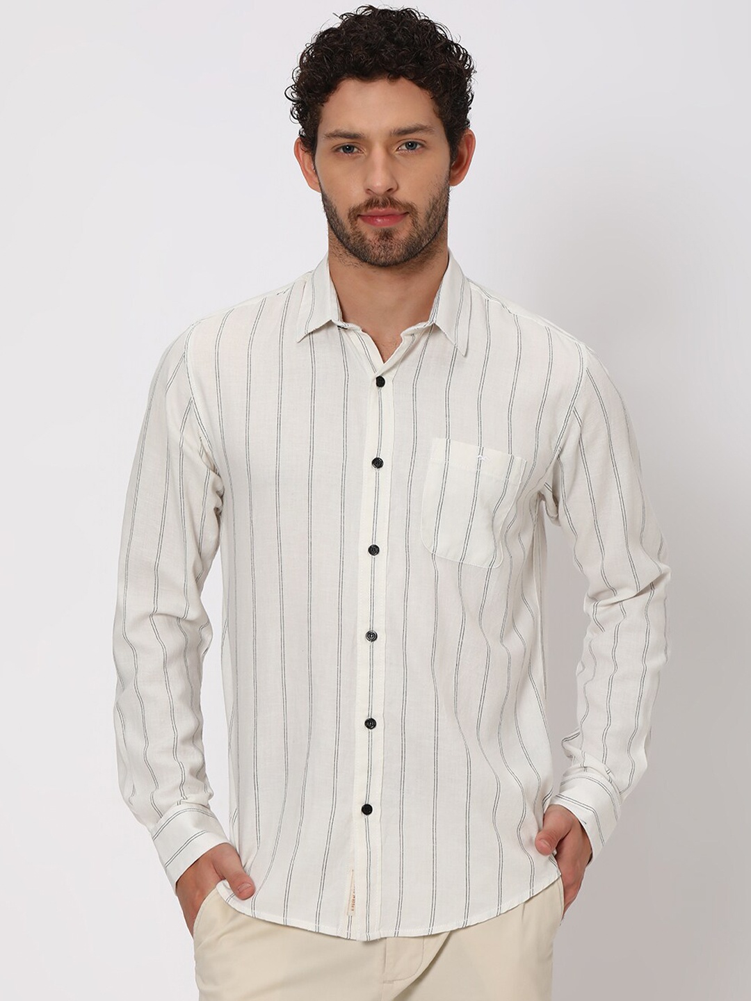 

Mufti Slim Fit Vertical Striped Opaque Twill Weave Cotton Linen Casual Shirt, Off white