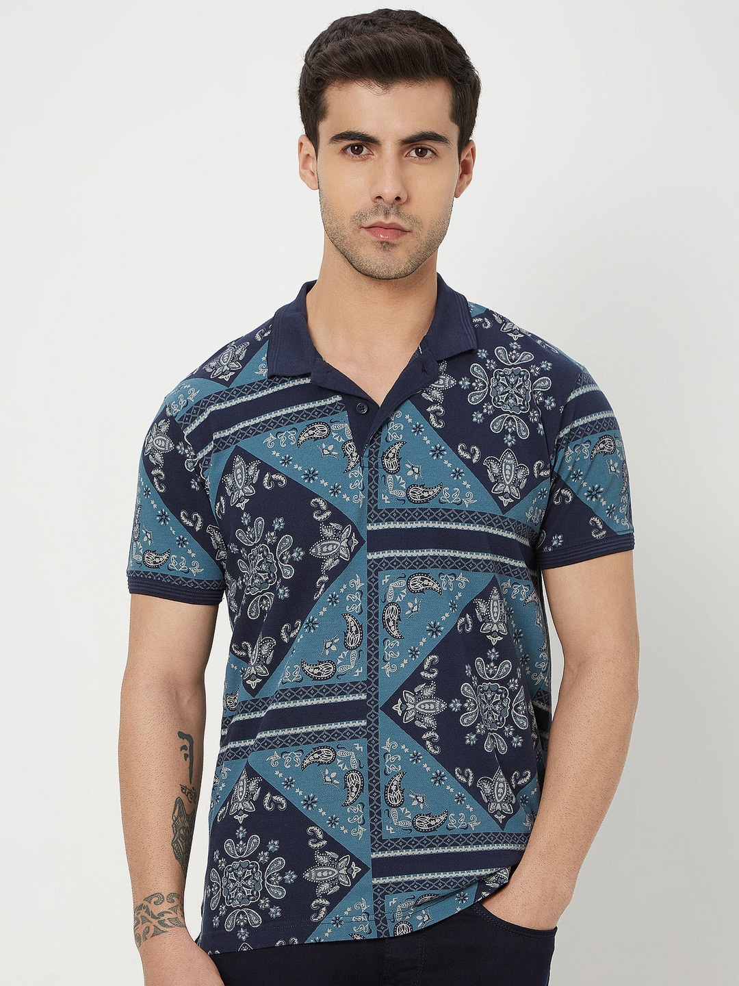 

Mufti Slim Fit Ethnic Motifs Printed Polo Collar Cotton T-shirt, Navy blue