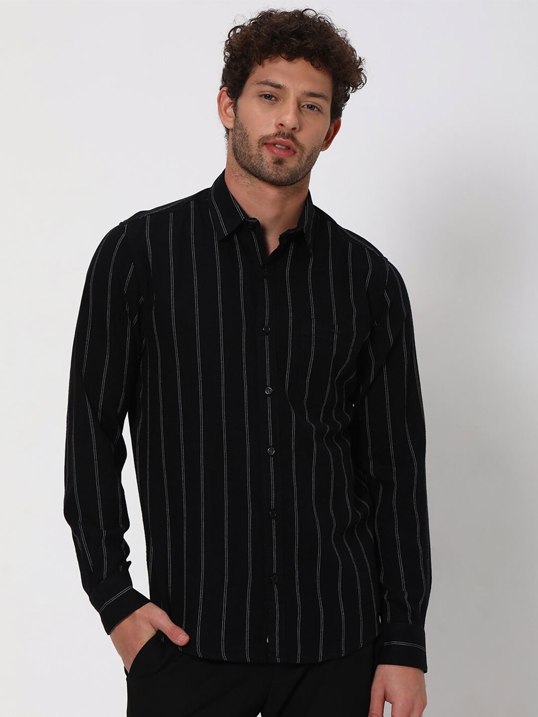 

Mufti Slim Fit Vertical Stripes Twill Spread Collar Long Sleeves Cotton Linen Casual Shirt, Black