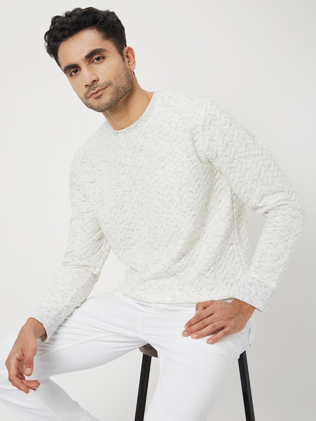 

Mufti Self Design Round Neck Long Sleeves Pullover Sweatshirt, White