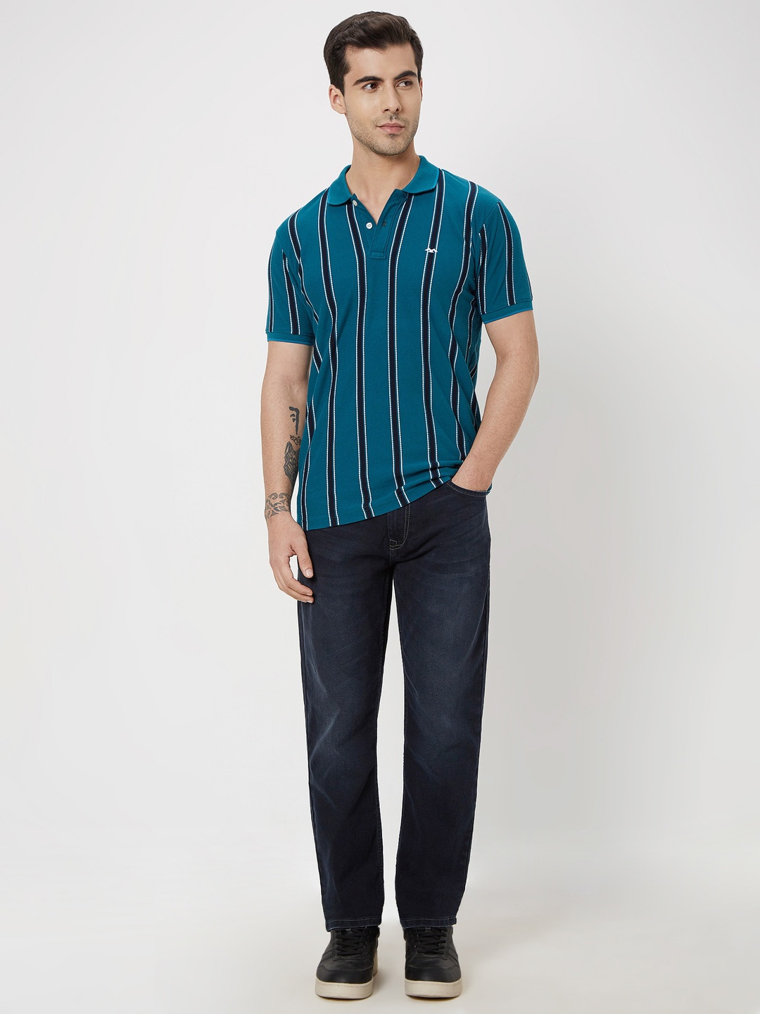 

Mufti Slim Fit Striped Polo Collar T-shirt, Teal