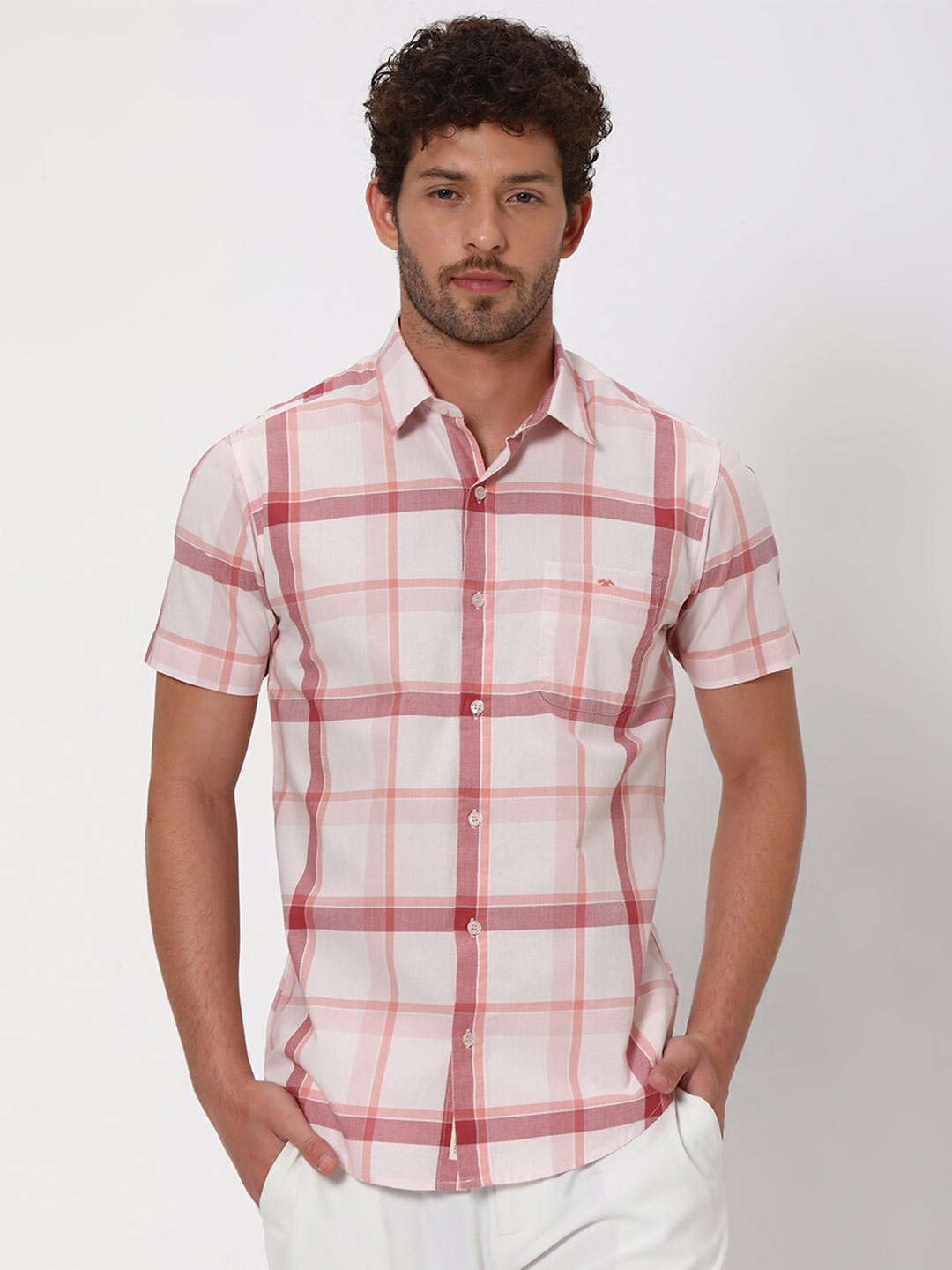 

Mufti Windowpane Checks Slim Fit Opaque Pure Cotton Casual Shirt, Peach