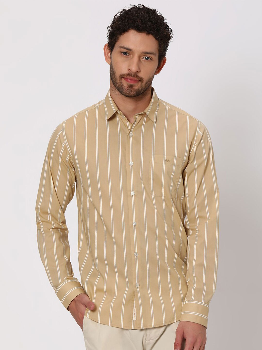 

Mufti Vertical Stripes Slim Fit Opaque Pure Cotton Casual Shirt, Beige