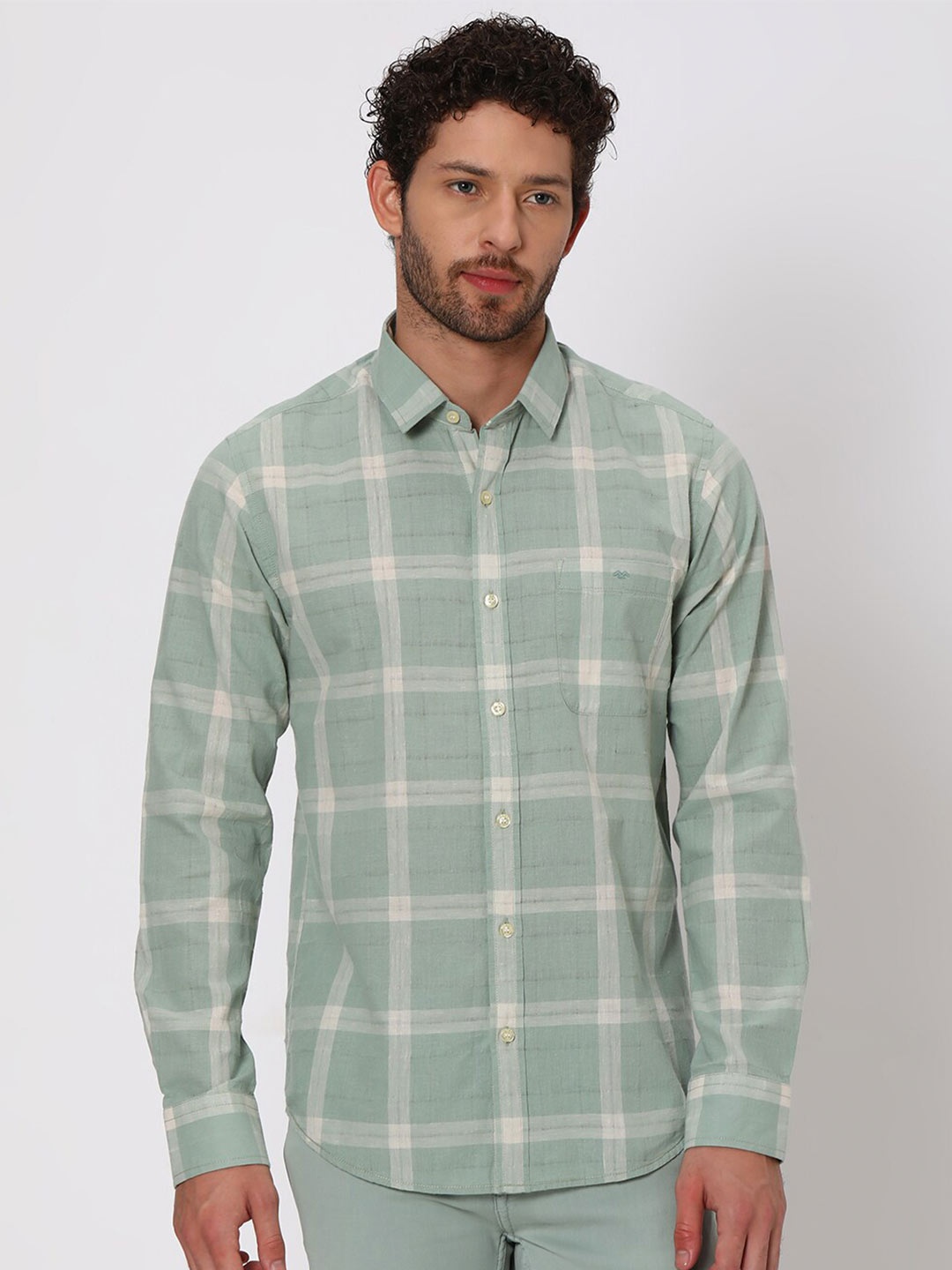 

Mufti Spread Collar Slim Fit Checked Casual Cotton Linen Shirt, Green