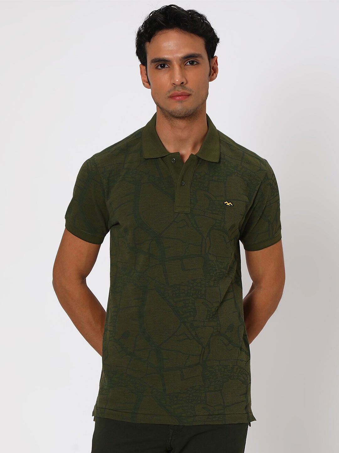 

Mufti Slim Fit Abstract Printed Polo Collar Cotton T-shirt, Olive