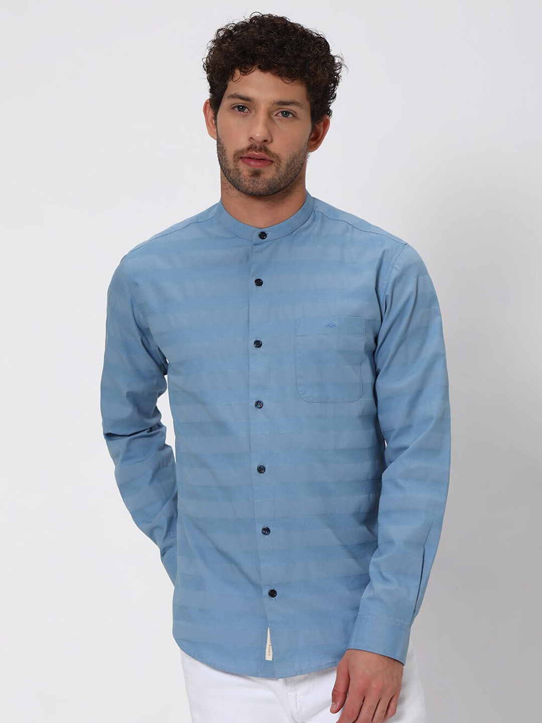 

Mufti Slim Fit Band Collar Striped Pure Cotton Casual Shirt, Blue