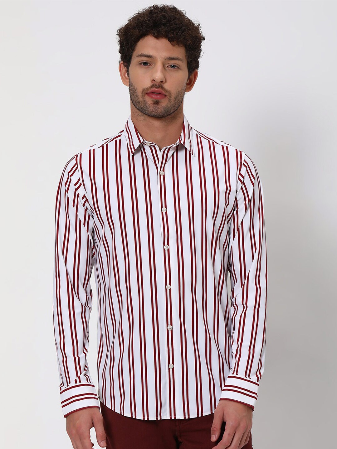 

Mufti Slim Fit Striped Spread Collar Casual Shirt, Red