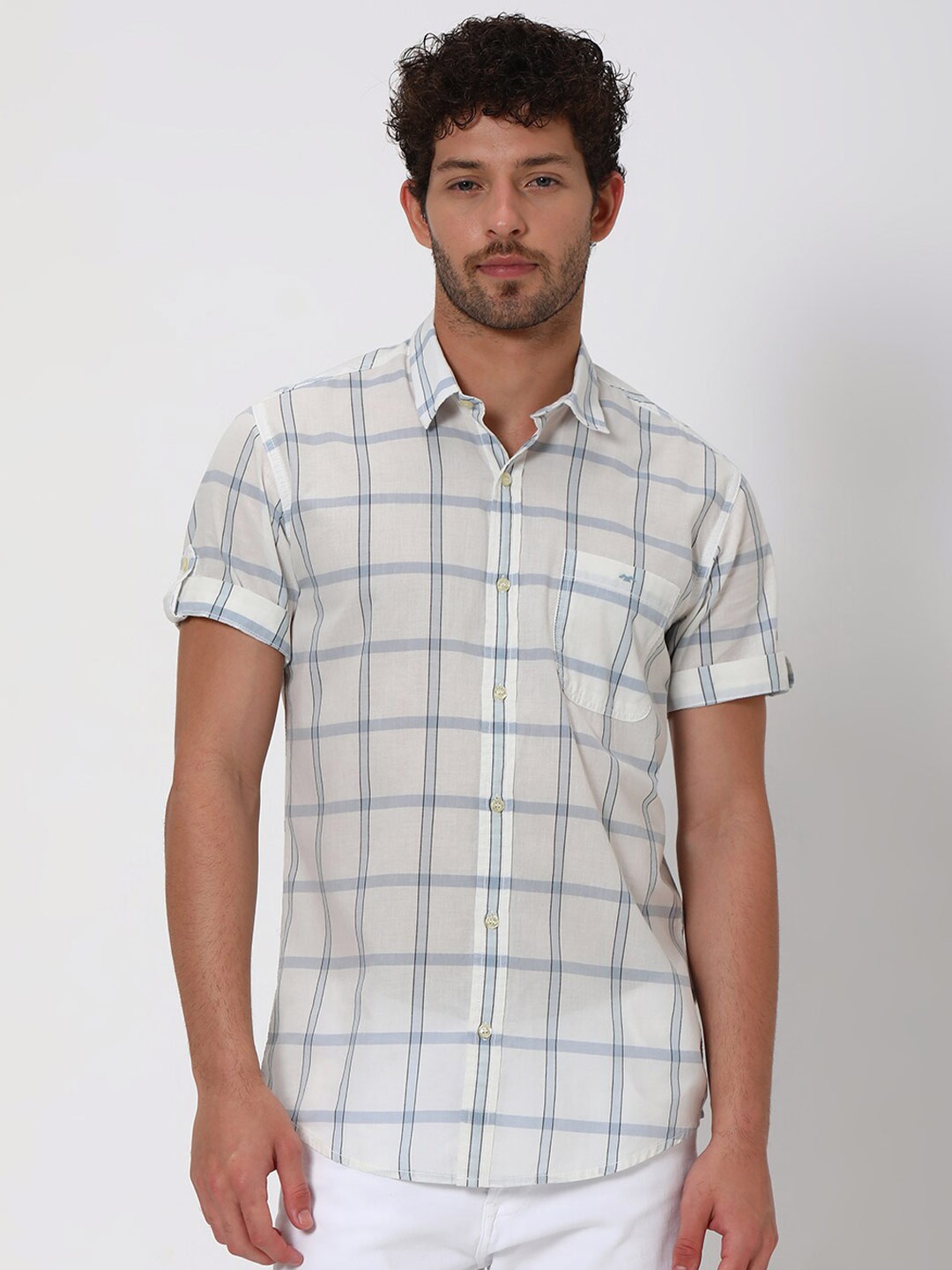 

Mufti Checked Slim Fit Classic Cotton Casual Shirt, Blue
