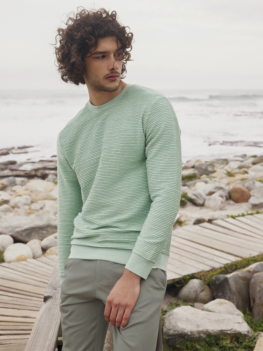 

Mufti Striped Round Neck Long Sleeve Pullover Sweatshirt, Green