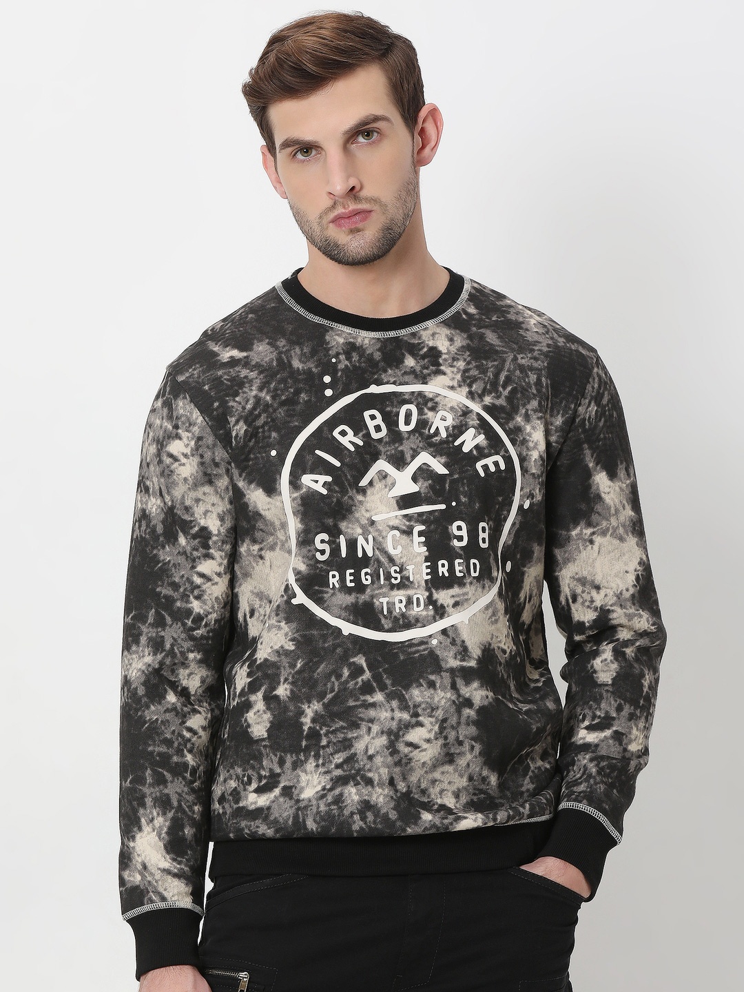 

Mufti Graphic Printed Acid Washed Pullover Sweatshirt, Black