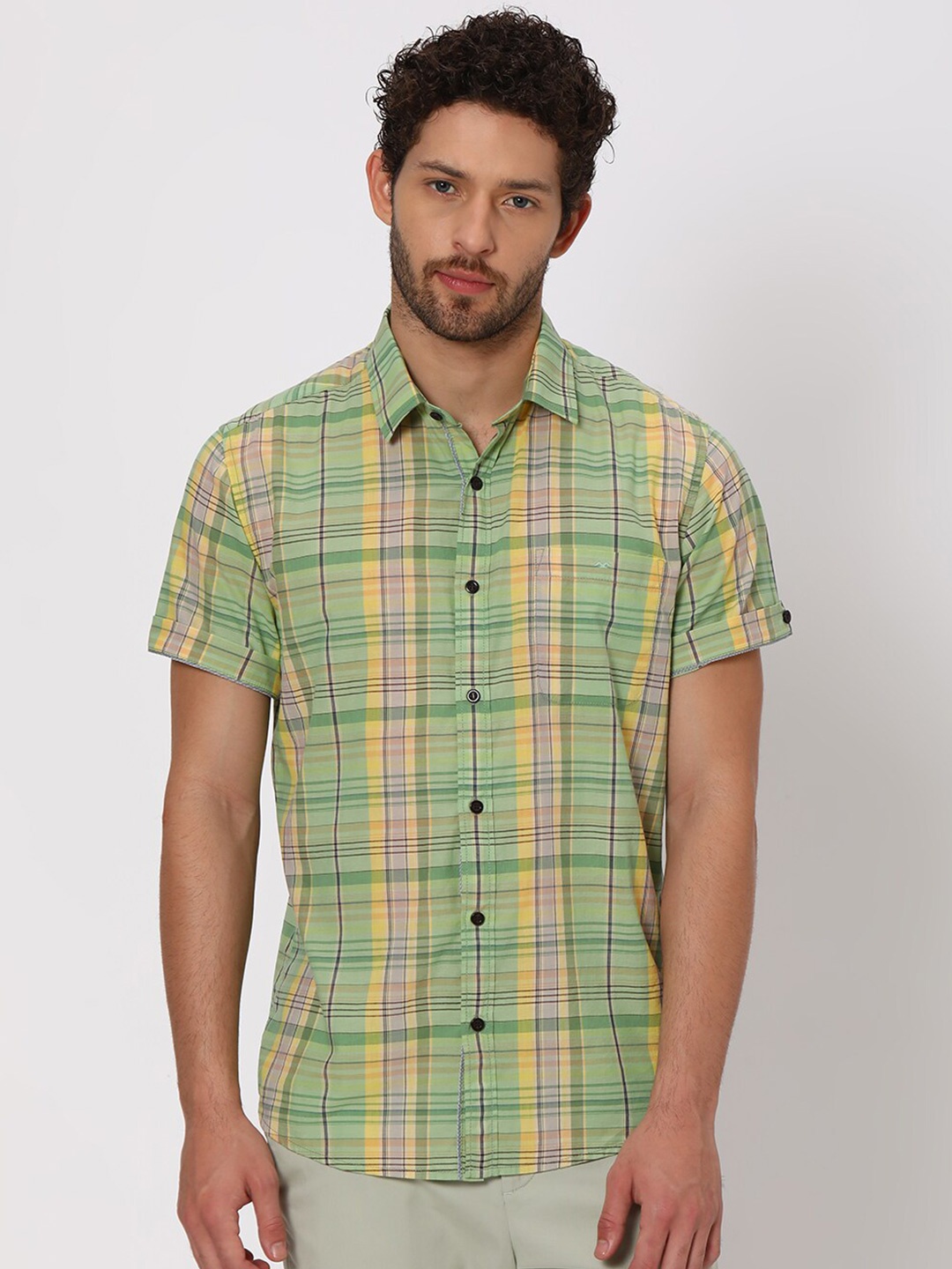

Mufti Slim Fit Tartan Checked Pure Cotton Casual Shirt, Olive