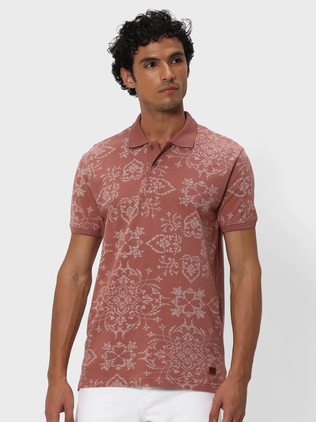 

Mufti Floral Printed Polo Collar Cotton Slim Fit T-shirt, Peach