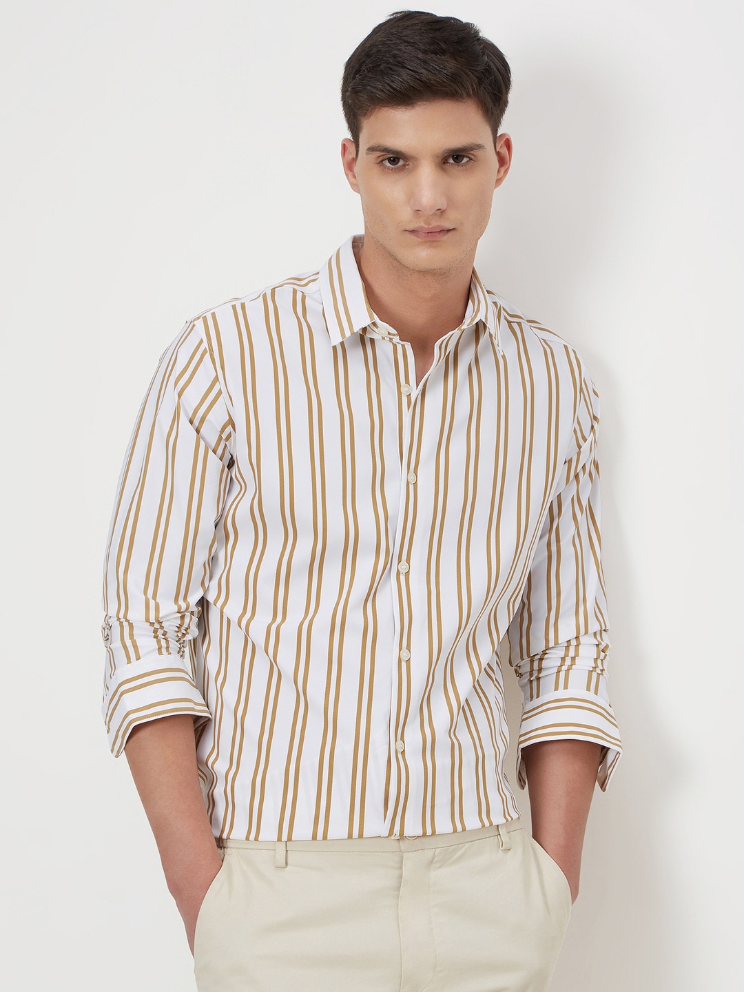 

Mufti Spread Collar Slim Fit Striped Casual Shirt, Beige