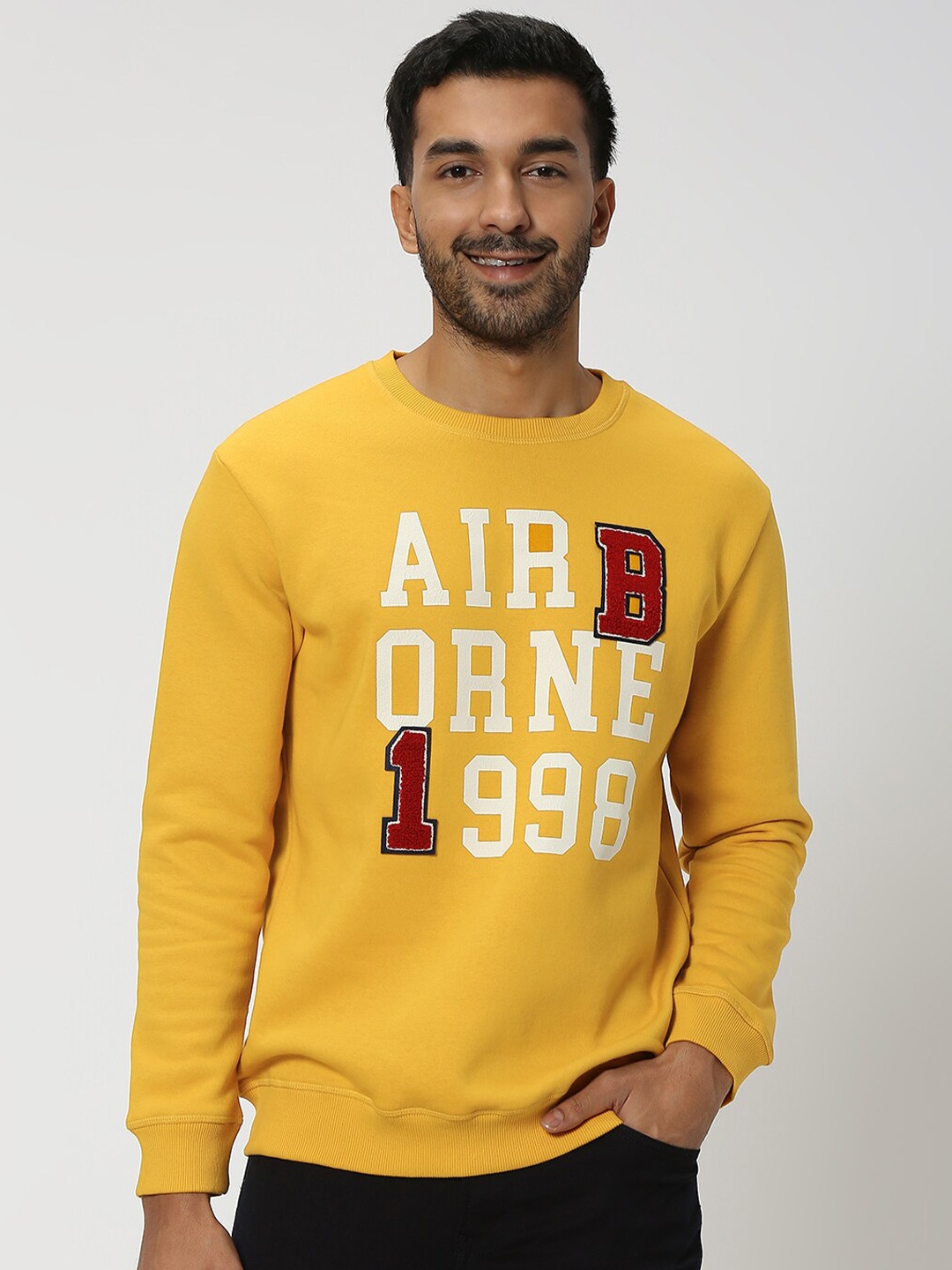 

Mufti Typography Printed Round Neck Long Sleeve Pullover Sweatshirt, Mustard
