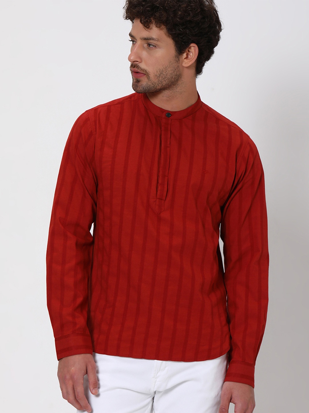 

Mufti Slim Fit Striped Band Collar Pure Cotton Casual Shirt, Rust