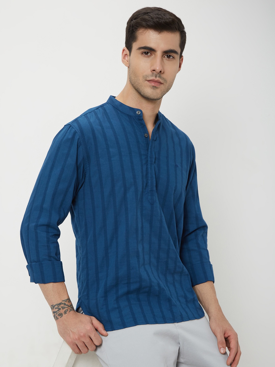 

Mufti Slim Fit Vertical Striped Mandarin Collar Pure Cotton Casual Shirt, Teal