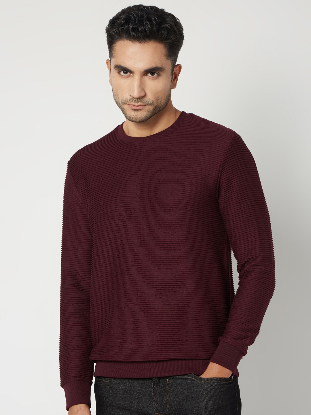 

Mufti Self Design Textured Slim Fit Pullover Sweatshirt, Maroon