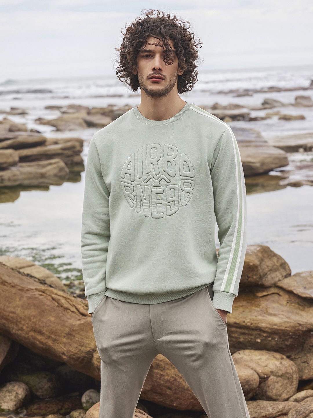 

Mufti Typography Embossed Self Design Pullover Sweatshirt, Green