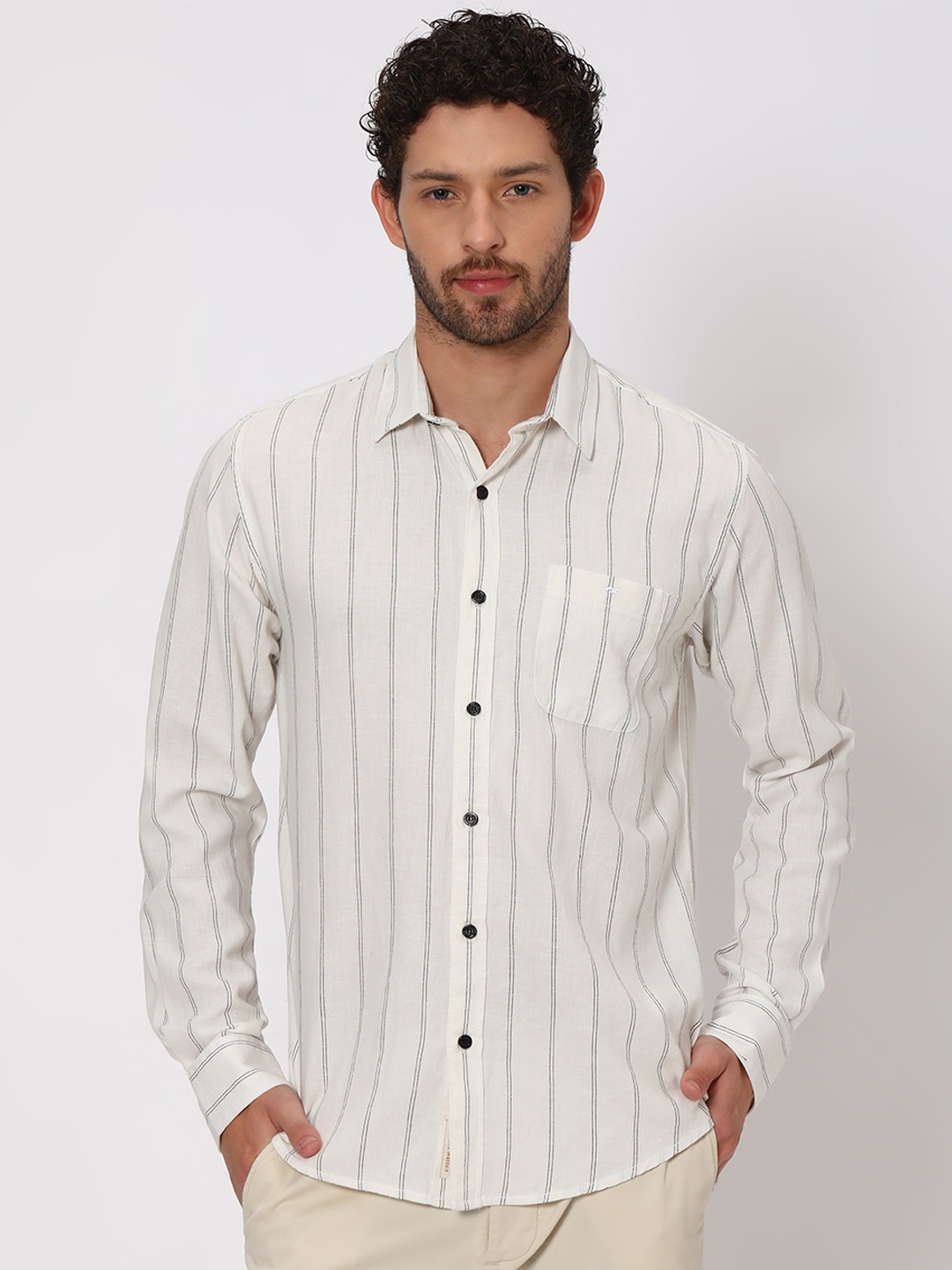 

Mufti Spread Collar Slim Fit Striped Twill Casual Cotton Linen Shirt, Off white