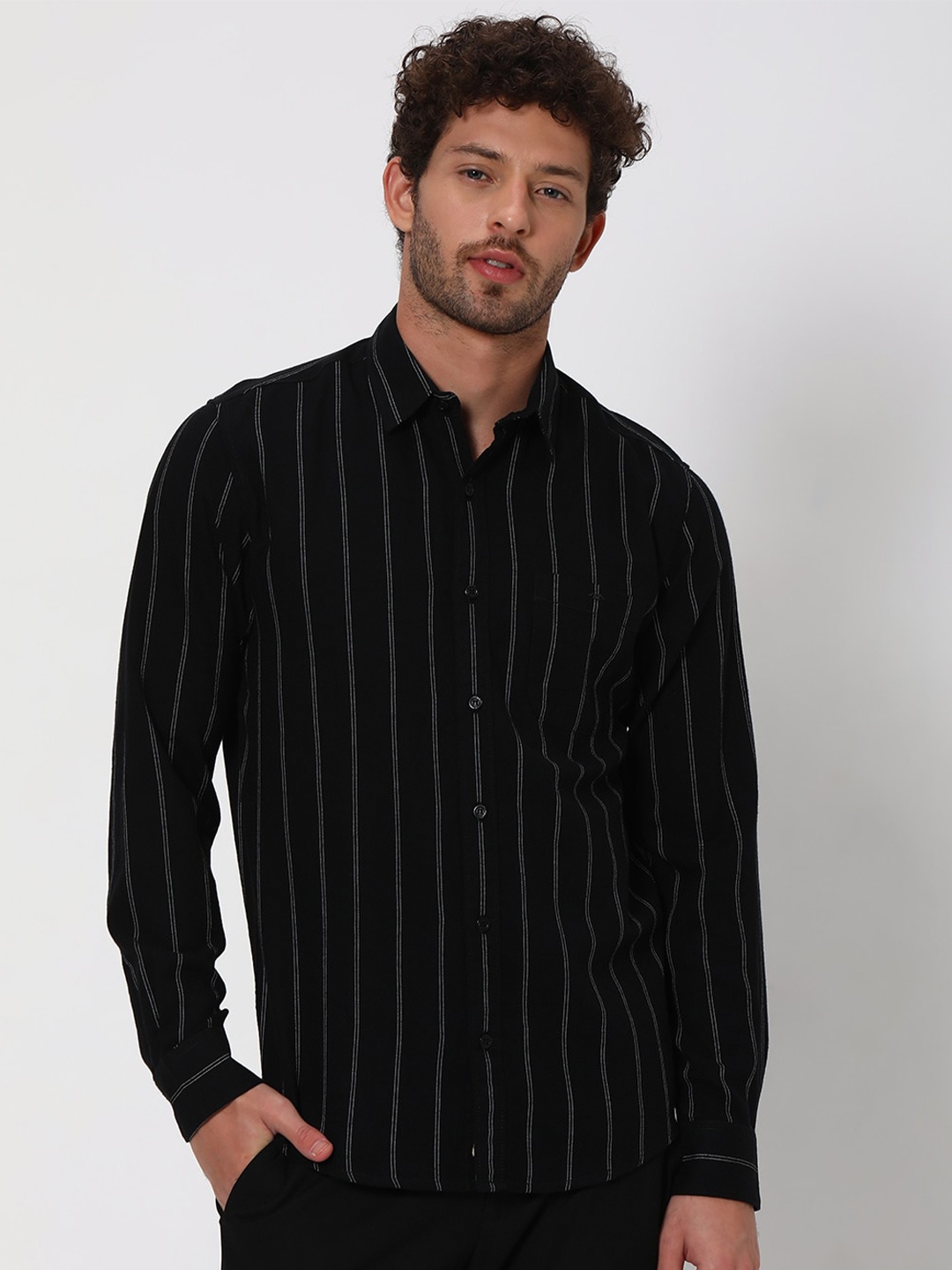 

Mufti Striped Twill Slim Fit Cotton Linen Casual Shirt, Black