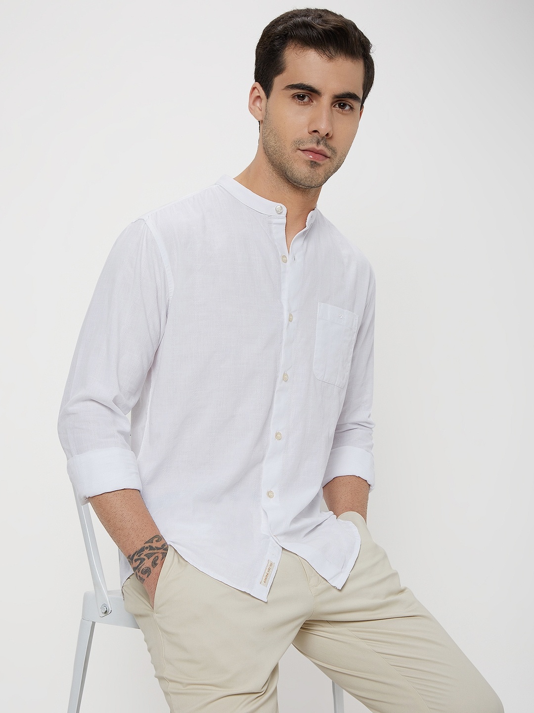 

Mufti Slim Fit Band Collar Long Sleeves Cotton Casual Shirt, White