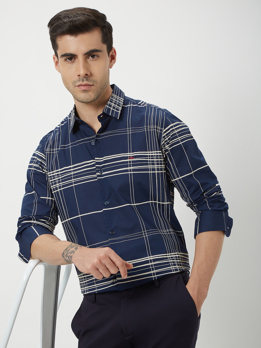 

Mufti Checked Slim Fit Opaque Cotton Casual Shirt, Navy blue