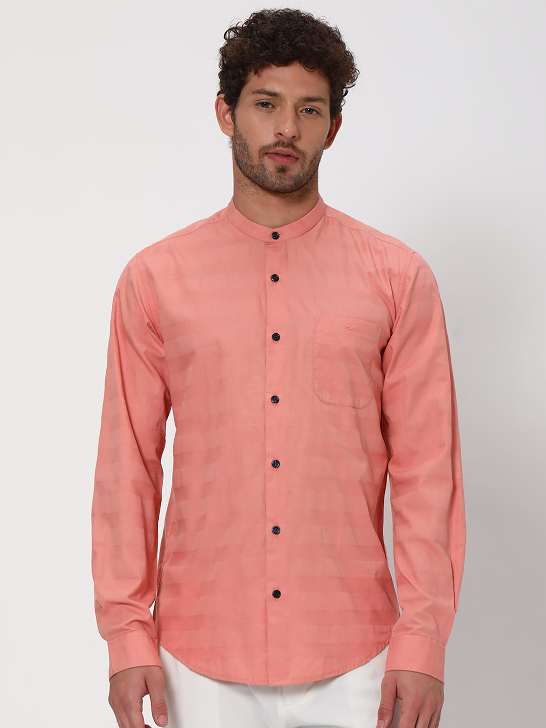 

Mufti Slim Fit Horizontal Stripes Band Collar Long Sleeves Cotton Casual Shirt, Pink