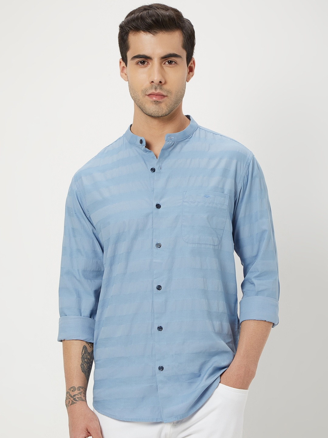 

Mufti Horizontal Stripes Slim Fit Opaque Pure Cotton Casual Shirt, Blue