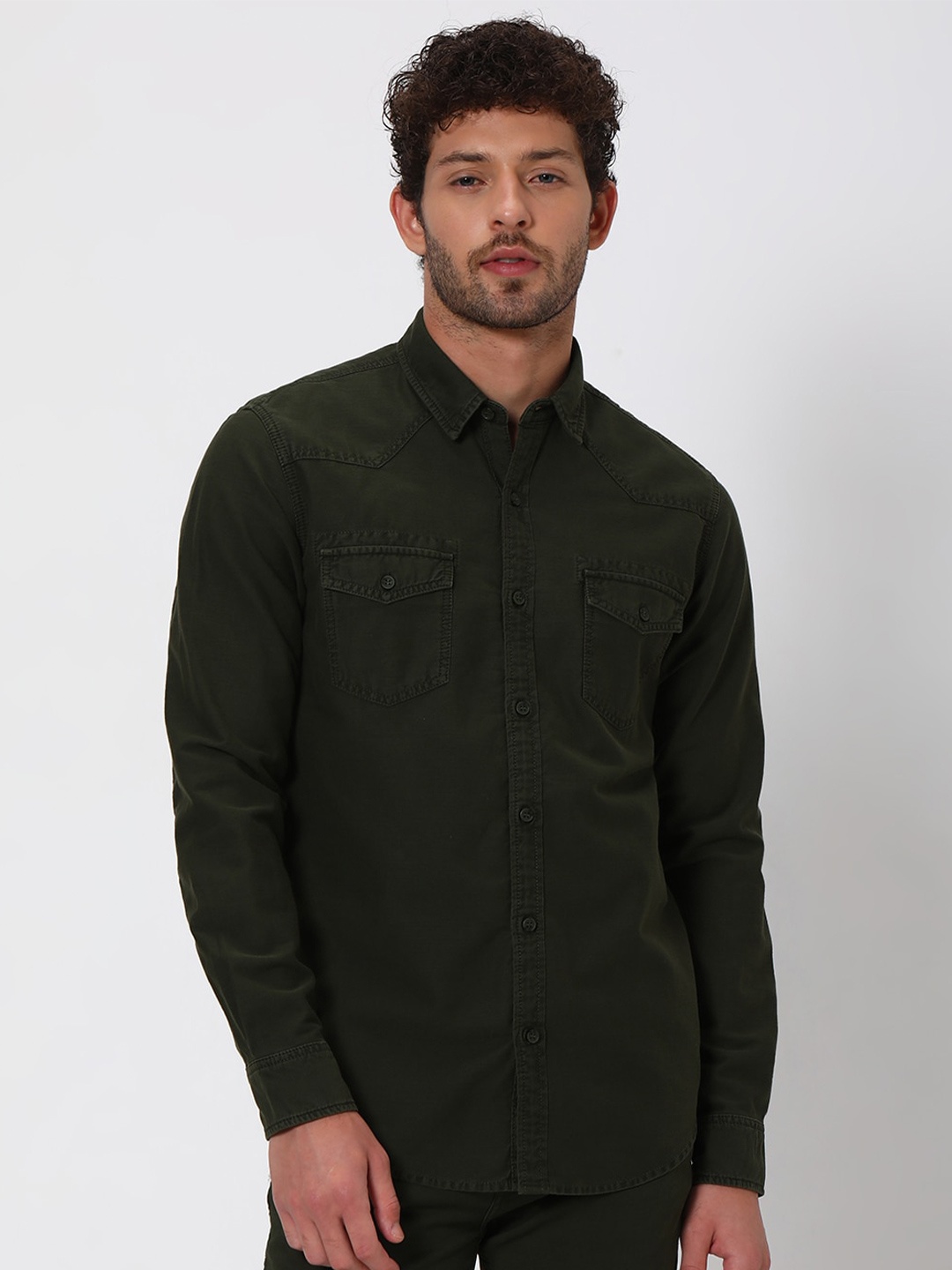 

Mufti Slim Fit Spread Collar Long Sleeves Pure Cotton Casual Shirt, Olive