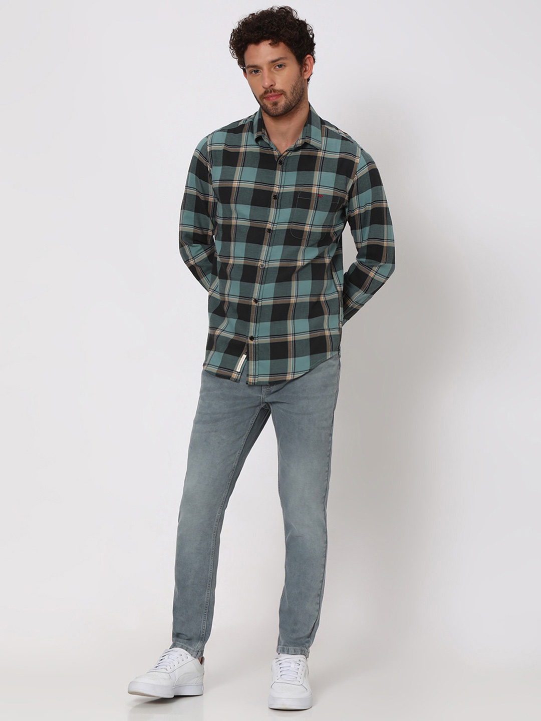 

Mufti Slim Fit Checked Flannel Pure Cotton Casual Shirt, Grey