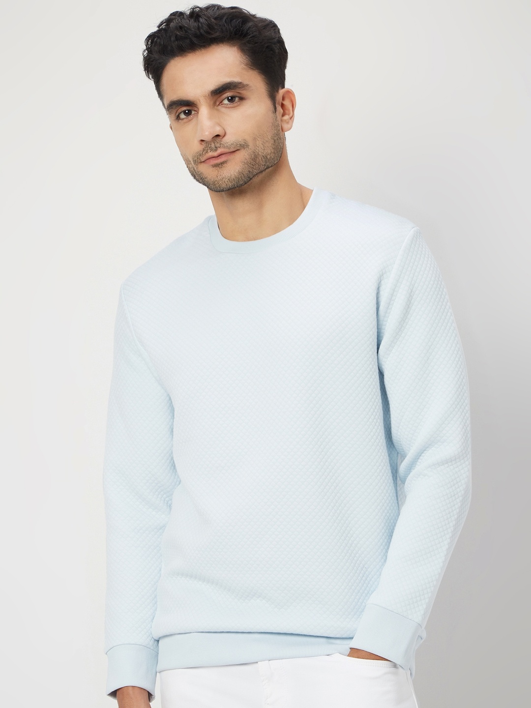 

Mufti Geometric Self Design Pullover Sweatshirt, Blue