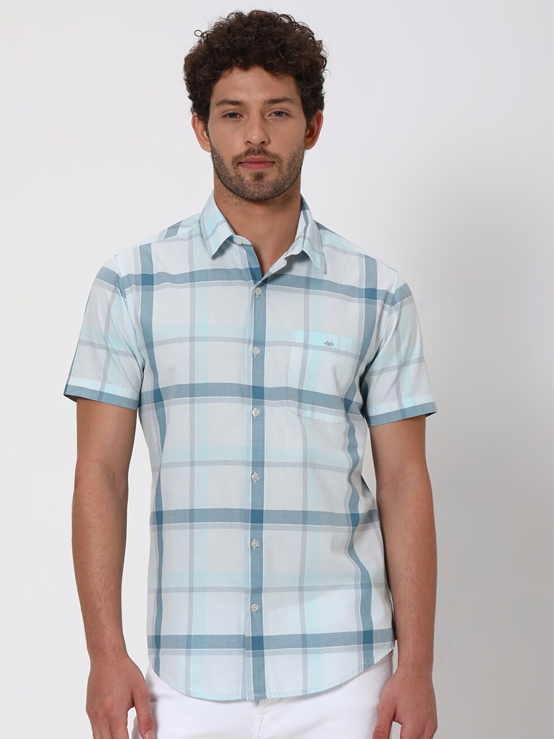 

Mufti Slim Fit Windowpane Checked Twill Weave Pure Cotton Casual Shirt, Blue