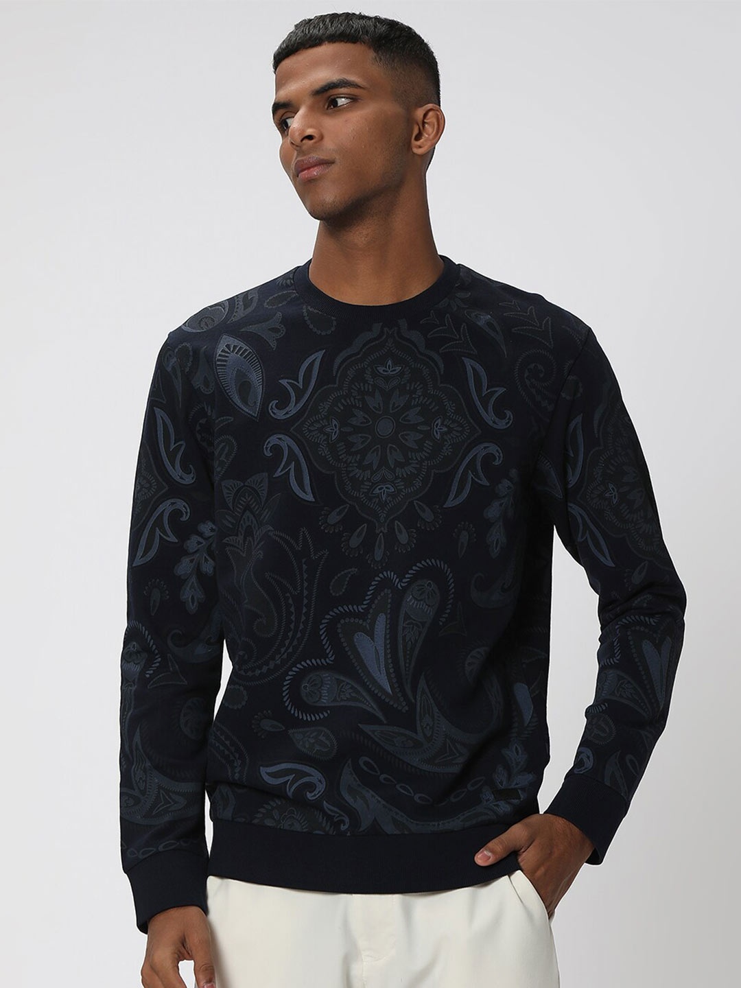 

Mufti Paisley Printed Round Neck Long Sleeve Cotton Pullover Sweatshirt, Navy blue