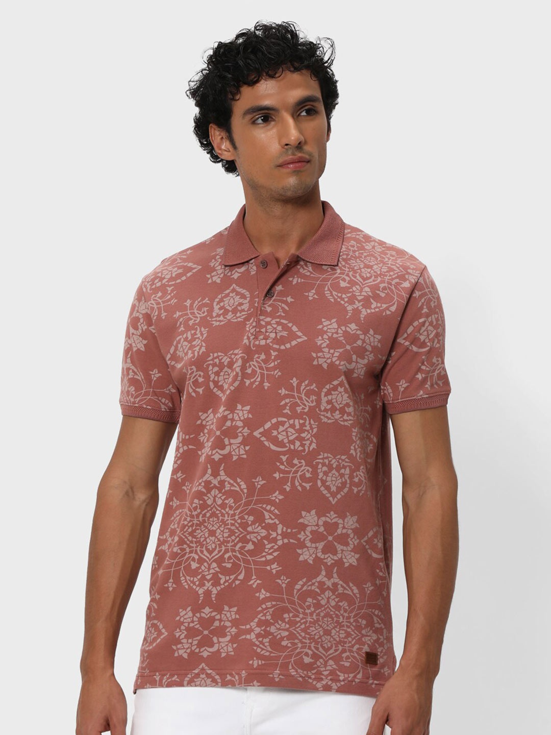 

Mufti Floral Printed Polo Collar Pure Cotton Slim Fit T-shirt, Peach