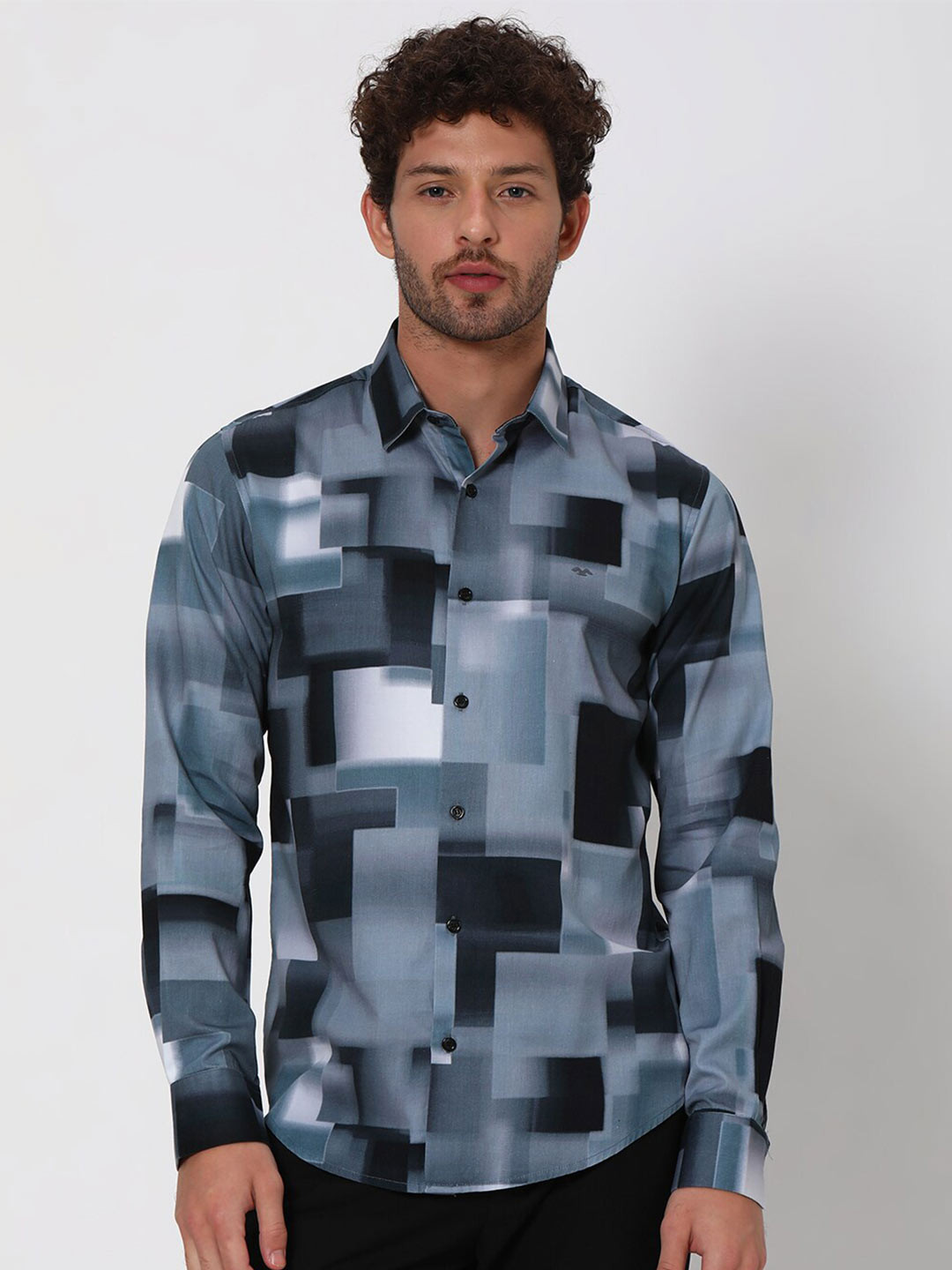 

Mufti Spread Collar Slim Fit Geometric Printed Casual Shirt, Grey