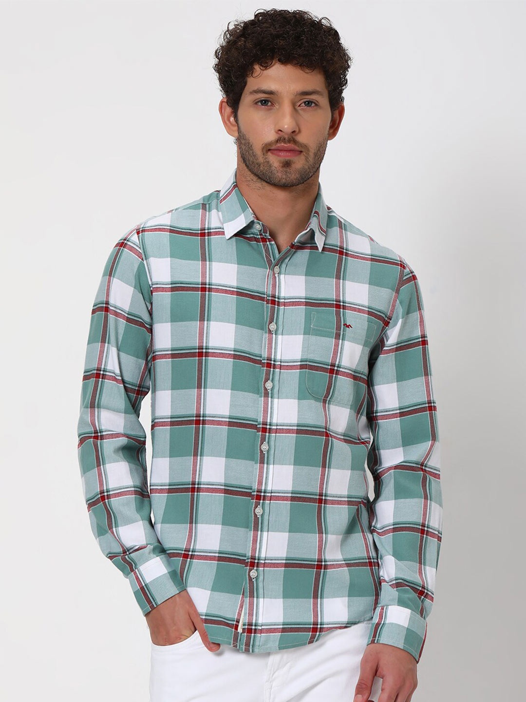 

Mufti Slim Fit Tartan Checked Flannel Weave Pure Cotton Casual Shirt, Green